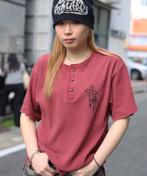 ATMARK ヘンリーネック tシャツ 「2サイズ展開 / UNISEX 」クロスロゴ