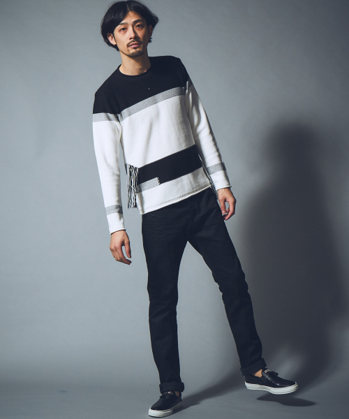 5351プール・オム（5351POUR LES HOMMES）/フリンジボーダープルオーバー 5351 POUR LES HOMMES セーター ニット フリンジボーダープルオーバー
