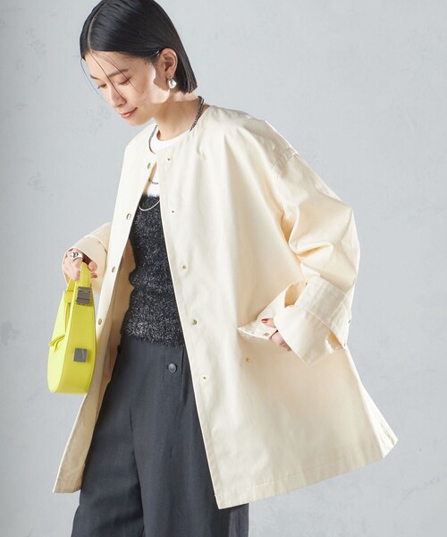 24SS 美品 インディヴィ スプリングコート ノーカラー ロング ピンク M. SHIPS ノーカラーコート コート 「撥水加工/手洗い可能」綿