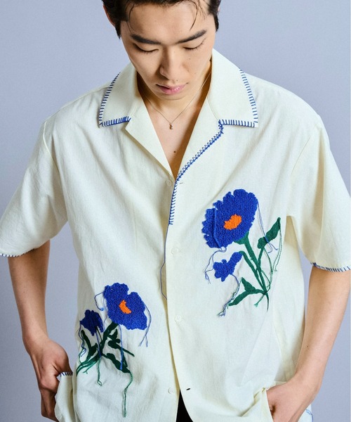 sarango0708ページ Camphor wood シャツ flower embroidery SAGARA h/s shirt / サガラ花