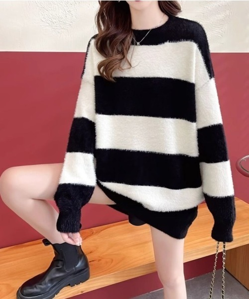 LETee ニット セーター 太ボーダーニットプルオーバー レディース