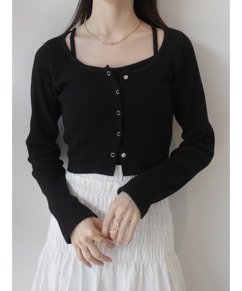 tシャツ 2ピースクロップドリブトップス/ブラック レディース