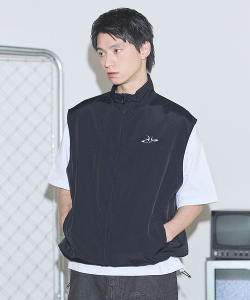 ベスト ジレ ナイロン リバーシブルドローコードスタンドネックベスト