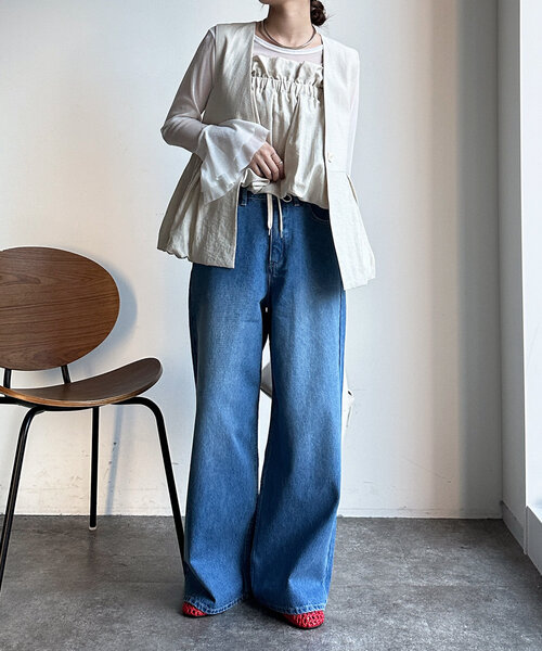 【DouDou】美品2025年 デニムワイドイージーパンツ　ブルー　38 DouDou（ドゥドゥ） デニムパンツ 38 ブルー レディース : ZOZOTOWN