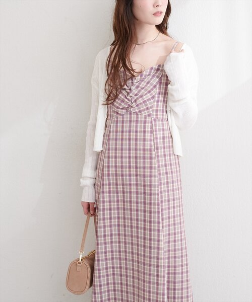 natural couture ワンピース フロントギャザーチェック柄ワンピース