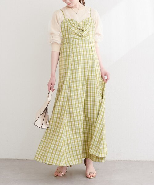 natural couture ワンピース フロントギャザーチェック柄ワンピース
