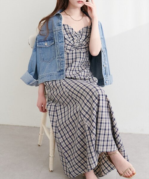 natural couture ワンピース フロントギャザーチェック柄ワンピース