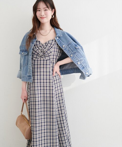 natural couture ワンピース フロントギャザーチェック柄ワンピース