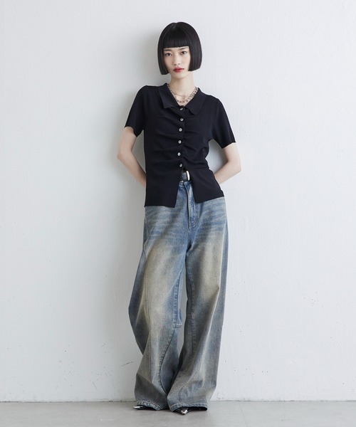 Lui's（ルイス） tシャツ 半袖 前ギャザーデザイン半袖ニットプル