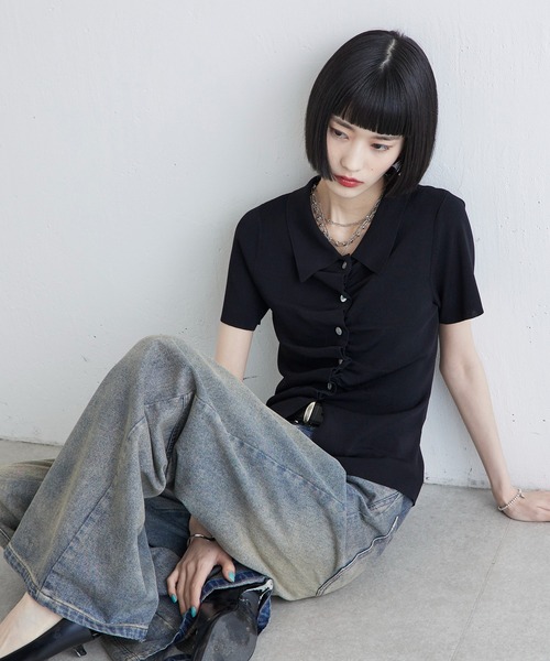 Lui's（ルイス） tシャツ 半袖 前ギャザーデザイン半袖ニットプル