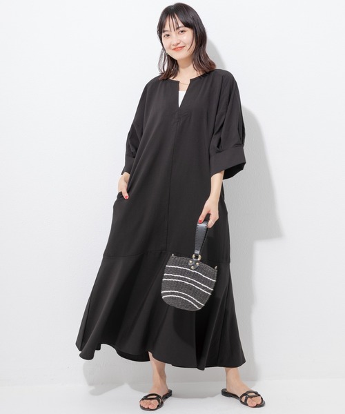 「LAVEANGE」 7分袖ワンピース LL ブラック レディース_画像2