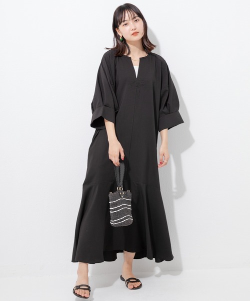 「LAVEANGE」 7分袖ワンピース LL ブラック レディース_画像5