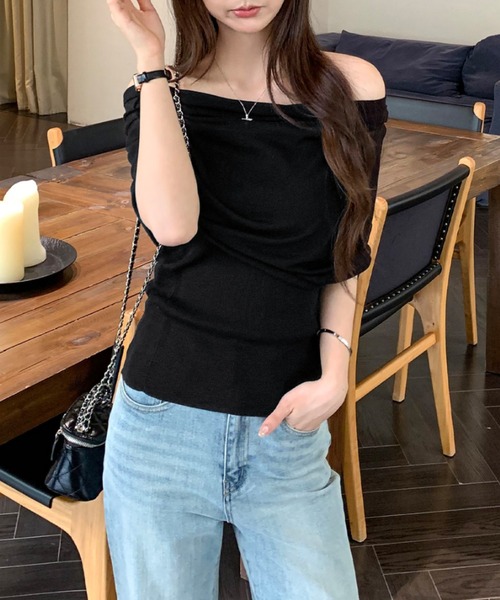 tシャツ 半袖 ワンショルダー風 オフショルダー ニットトップス