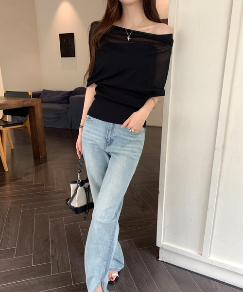 tシャツ 半袖 ワンショルダー風 オフショルダー ニットトップス