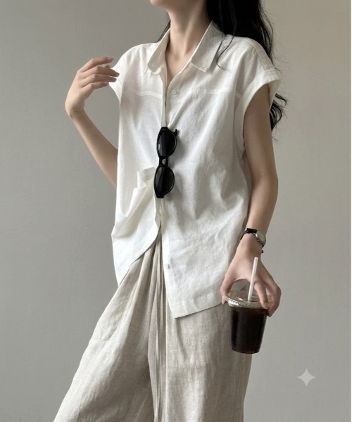 BLANC FICELLE ブラウス シャツ 薄手 ヨーク切替フレンチスリーブ