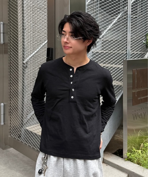ADAMASTE ヘンリーネック tシャツ Slub Short Henley Neck L/S Tee