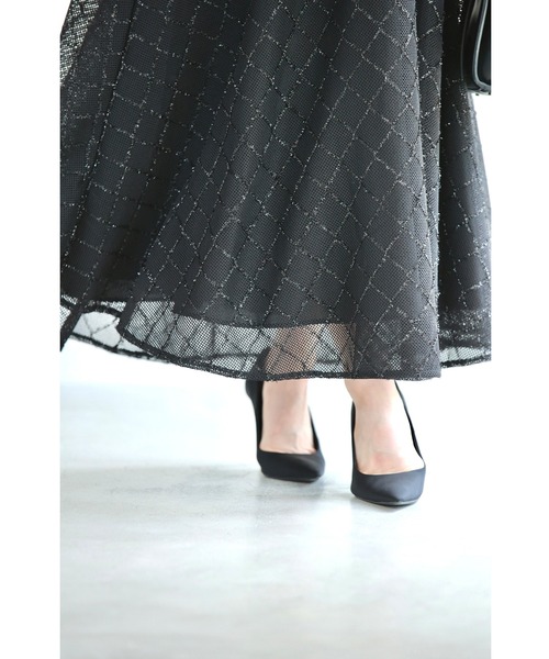 再入荷12月1日 黒 煌めきダイヤチェックのメッシュ地ロングスカート cawaii wkj00069 S~M対応 ウエストゴム 後ファスナー ラメ チェック柄 ブラック オシャレ 個性的 大人可愛い エレガント 上品 秋服 秋物 冬服 冬物 軽やか レディース ファッション ミセス 30代 40代 50代 cawaii スカート （黒）煌めきダイヤチェックのメッシュ地ロング