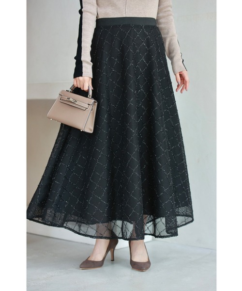 cawaii スカート （黒）煌めきダイヤチェックのメッシュ地ロング