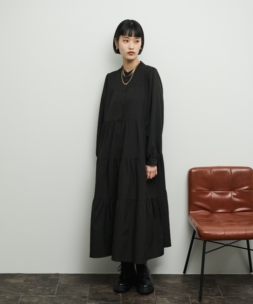 新品未使用ブラック シャツティアードワンピース 長袖 Shelly island（シェリーアイランド） シャツワンピース ティアード