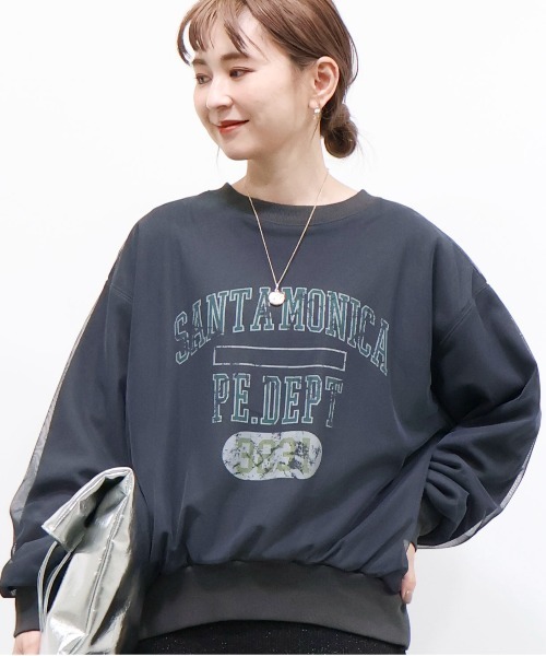 トレーナー スウェット レイヤードショルダー＆ロゴエンベリッシュ リラックスフィット スウェットシャツ レディース AMERICAN HOLIC トレーナー スウェット チュールレイヤードロゴ