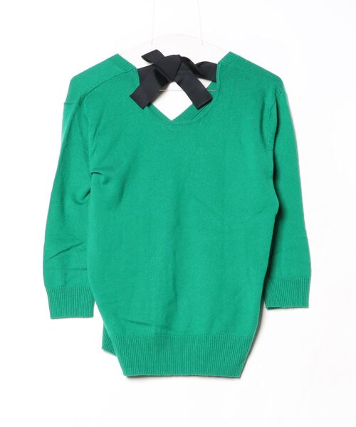 「PETIT BATEAU」 リボンVネックニット L グリーン レディース_画像2