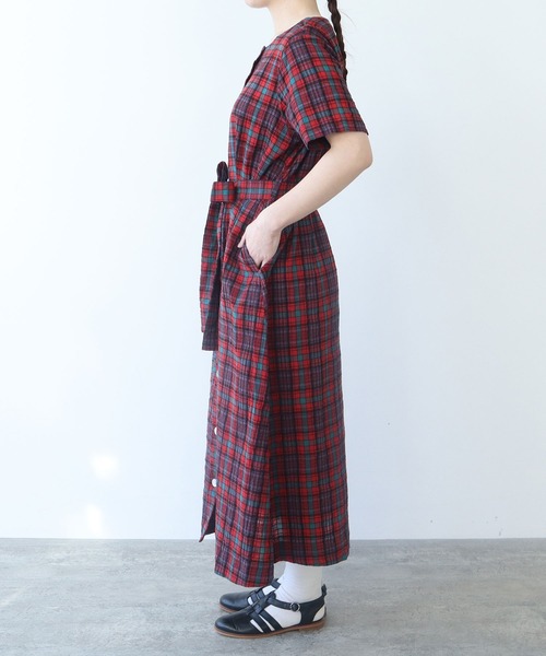 bulle de savon 水色　サッカーチェック　半袖シャツワンピース AMBIDEX Store ○〇 オックスフォード basic シャツワンピース(F