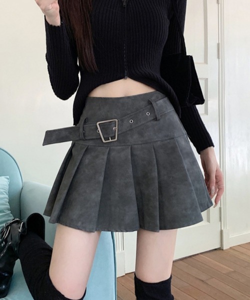 【日本未入荷】プリーツ ブラック レザースカート Lace Ladies スカート レザー調 ベルト付き ボックス プリーツ