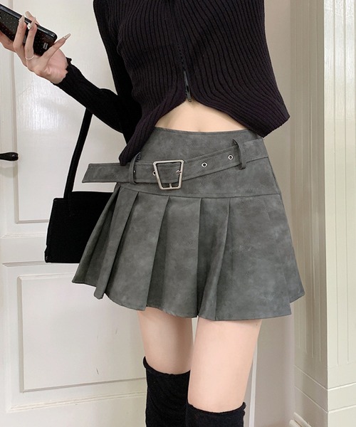 【日本未入荷】プリーツ ブラック レザースカート Lace Ladies スカート レザー調 ベルト付き ボックス プリーツ