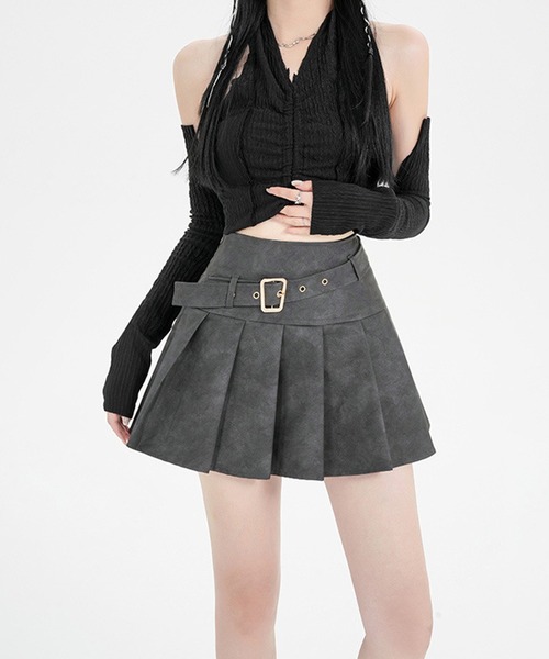 Lace Ladies スカート レザー調 ベルト付き ボックス プリーツ