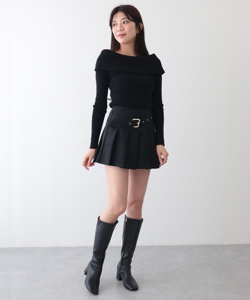 Lace Ladies スカート レザー調 ベルト付き ボックス プリーツ