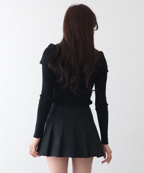 【日本未入荷】プリーツ ブラック レザースカート Lace Ladies スカート レザー調 ベルト付き ボックス プリーツ