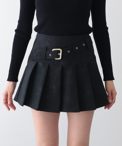 バーバリー プリーツミニスカート レザーベルト ブラック Lace Ladies スカート レザー調 ベルト付き ボックス プリーツ