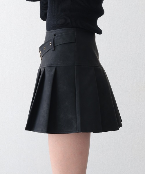 Lace Ladies スカート レザー調 ベルト付き ボックス プリーツ