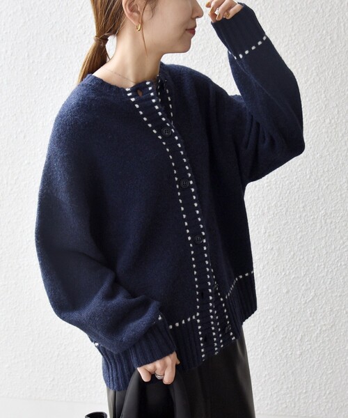 SHIPS any カーディガン any:「手洗い可能」ステッチ デザイン ルーズ