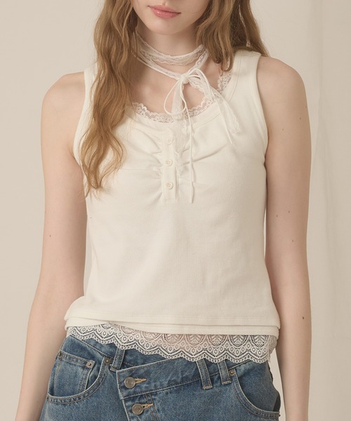 hazyl タンクトップ ノースリーブ lace henry layered tanktop