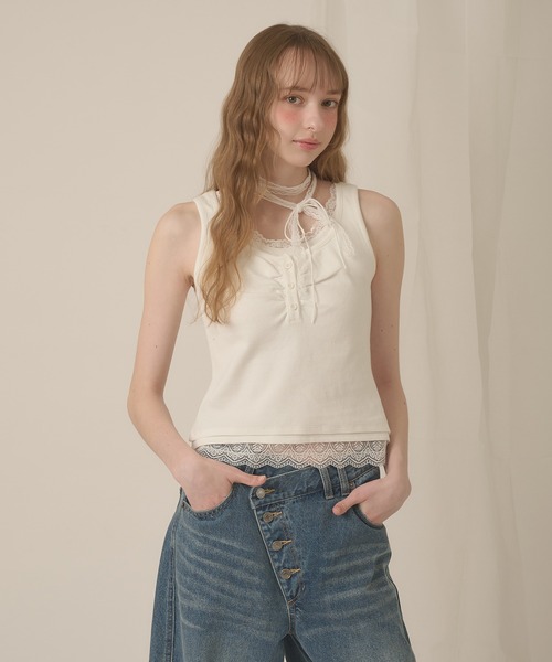 hazyl タンクトップ ノースリーブ lace henry layered tanktop