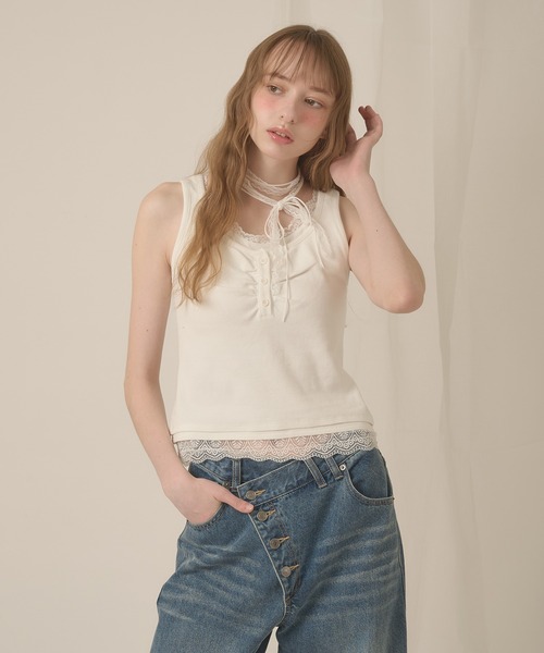 hazyl タンクトップ ノースリーブ lace henry layered tanktop