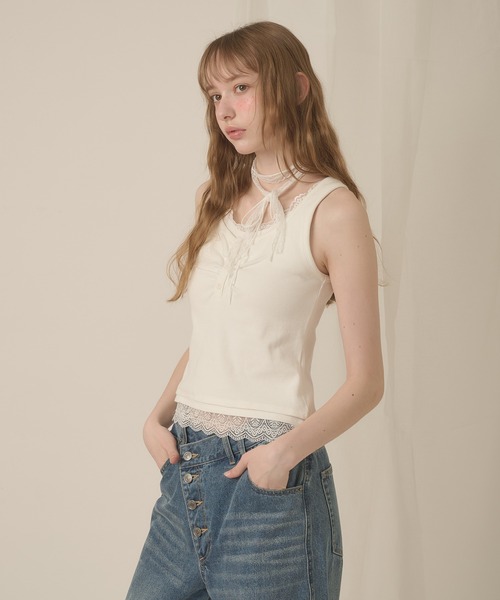hazyl タンクトップ ノースリーブ lace henry layered tanktop