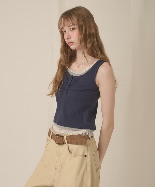 【美品】45R　レーヨンダンプのノースリーブトップ　タンクトップ　ベージュ　M hazyl タンクトップ ノースリーブ lace henry layered tanktop