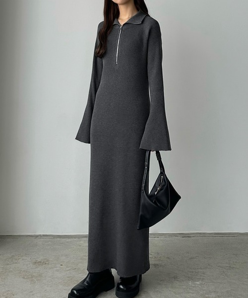 callautia（カラウティア） ワンピース ハーフジップリブニット