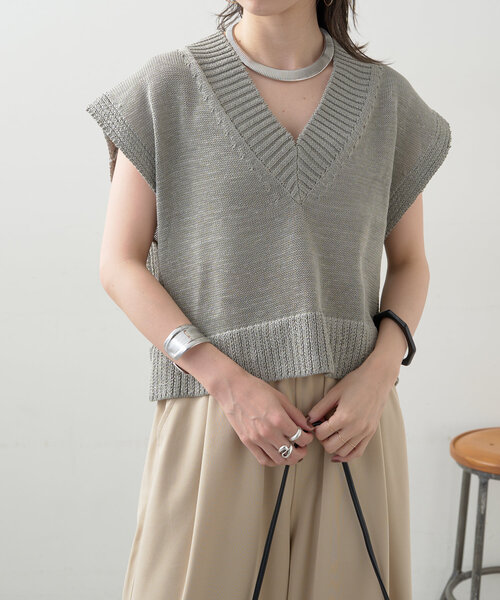 Omekashi ベスト ジレ テープヤーンニットベスト レディース