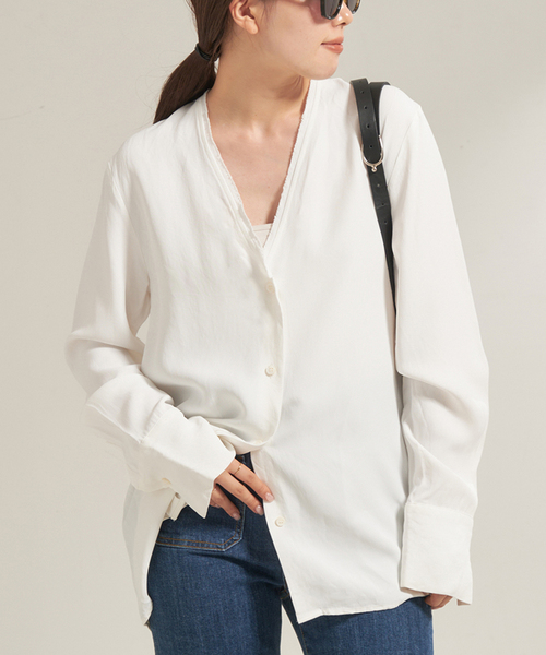 プラージュ　R’IAM ノーカラーシャツ　ホワイト シャツ plage シャツ ブラウス R'IAM ノーカラーシャツ レディース