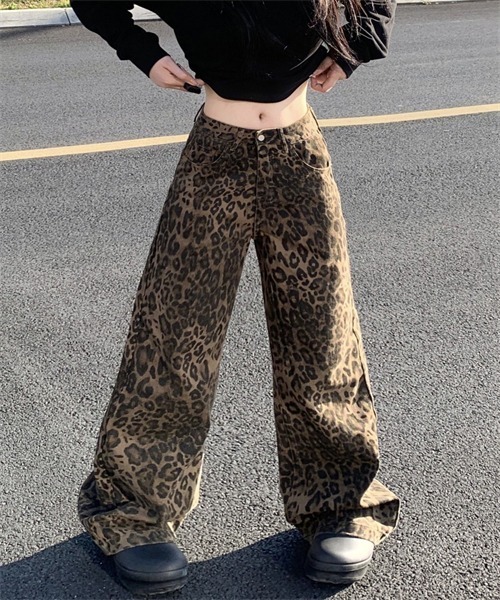 ヒョウ柄 デニム パンツ レトロ ワークウェア SHEENA ジーンズ デニム デニムパンツ レオパード柄アクセント