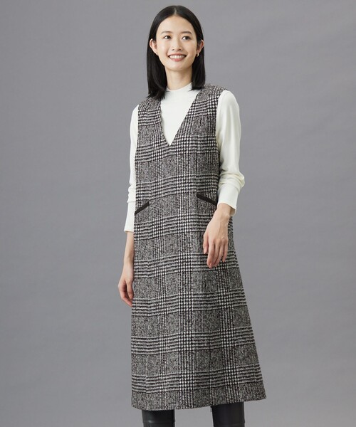 スカート ウールシルクツイードグレンチェック ジャンパースカート