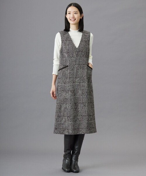 スカート ウールシルクツイードグレンチェック ジャンパースカート