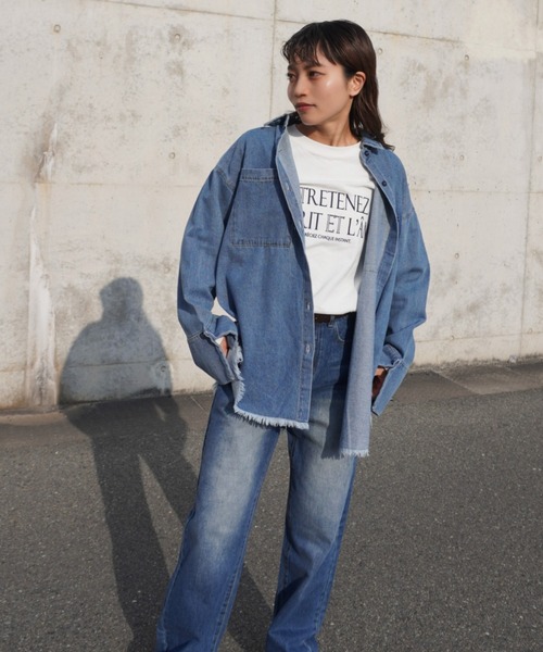 ブラウス シャツ デニム右PK加工BIGカフスショートシャツ レディース gossara ブラウス シャツ デニムPK加工BIGカフスSH レディース