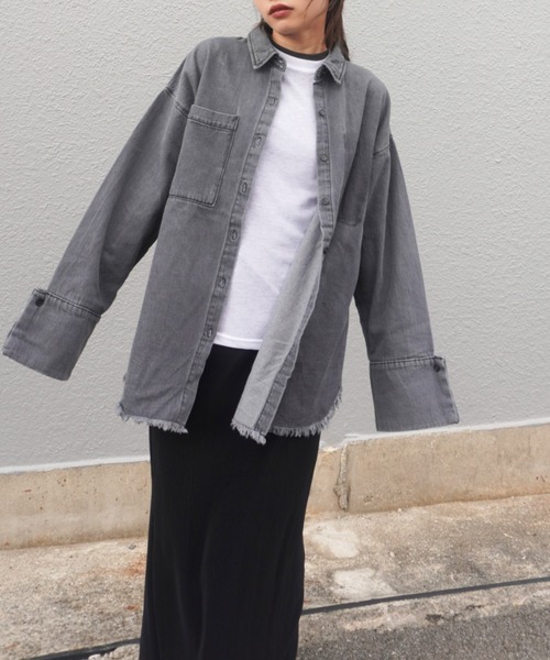 ブラウス シャツ デニム右PK加工BIGカフスショートシャツ レディース セール】デニム右PK加工BIGカフスショートシャツ（シャツ