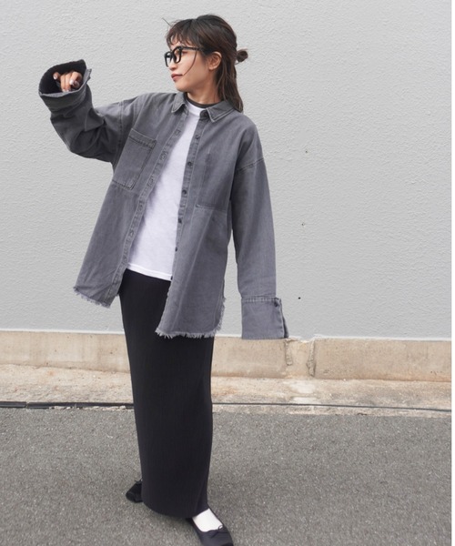 ブラウス シャツ デニム右PK加工BIGカフスショートシャツ レディース gossara ブラウス シャツ デニムPK加工BIGカフスSH レディース