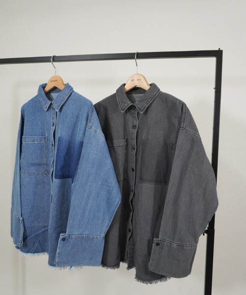 ブラウス シャツ デニム右PK加工BIGカフスショートシャツ レディース セール】デニム右PK加工BIGカフスショートシャツ（シャツ