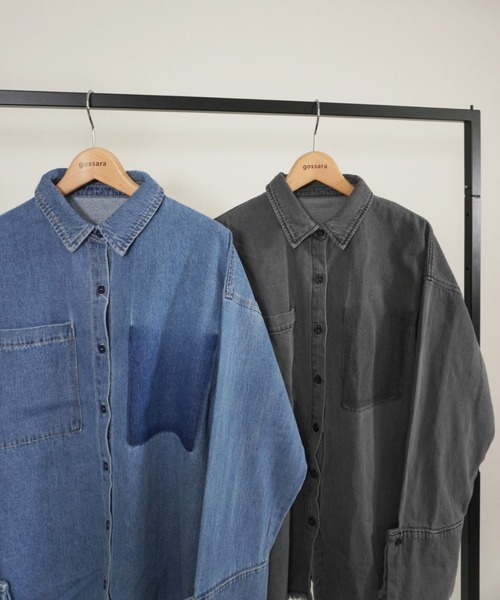 ブラウス シャツ デニム右PK加工BIGカフスショートシャツ レディース gossara ブラウス シャツ デニムPK加工BIGカフスSH レディース